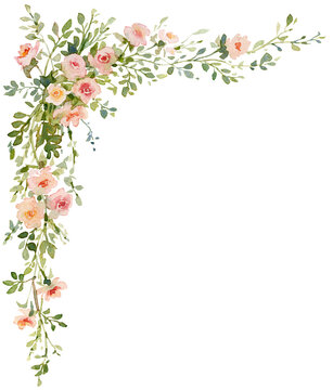 Vintage roses corner composition. Watercolor illustration