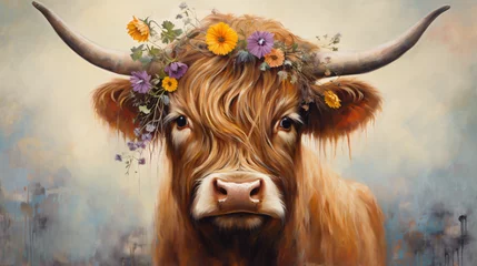 Cercles muraux Highlander écossais Oil Painting of Highland Cow with Flower Crown