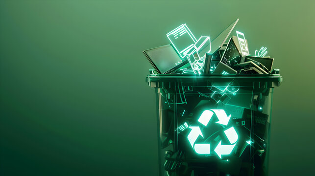 A semi - opaque recycling bin filled with electronic waste, overlaid with glowing eco - tech icons, against a light green background.