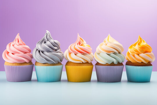 rangée de cupcakes alignés glaçages colorés dans des tons pastel, rose, orange, gris, bleu, dans des caissettes papier colorées sur un fond violet et un socle bleu. Copyspace gâteaux américains