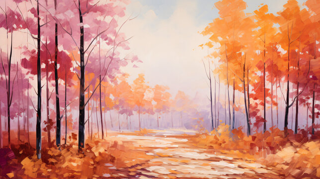 Oil painting of forest in autumn season. 