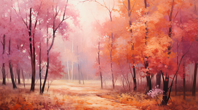 Oil painting of forest in autumn season. 