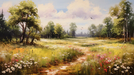 Oil painting of meadow with trees 