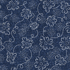 Seamless pattern with abstract white outline flowers with tendrils on denim grunge seamless texture. Doodle style.