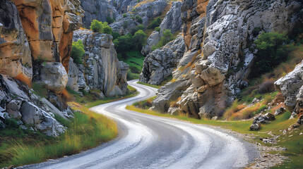 Scenic road curving up through limestone pass, perfect for travel and outdoor adventure