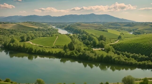 calm river as it rises it displays the green river banks and vast landscape of vineyards and distant mountains
