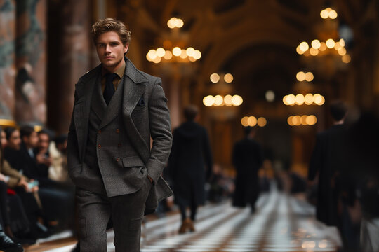 Fashion week, mode masculine, d&eacute;fil&eacute; de mode de mannequins masculins dans les galeries du Grand Palais &agrave; Paris. Hommes en costume 3 pi&egrave;ces devant le public, parterre d'invit&eacute;s VIP - m&eacute;tier de la mode,