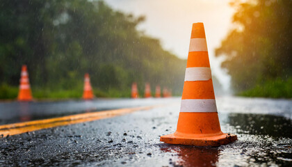 Safety orange cone on wet asphalt after rain. Plastic traffic cone. Road maintenance work.