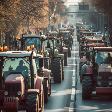 multitude de tracteurs agricoles bloquant par un embouteillage la circulation des grandes agglom&eacute;rations et capitales d'Europe pour manifester sur les conditions des agriculteurs et de l'agriculture. 
