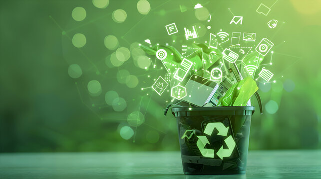 A semi - opaque recycling bin filled with electronic waste, overlaid with glowing eco - tech icons, against a light green background.