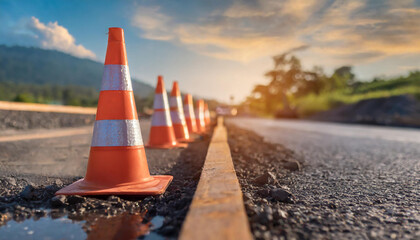 Safety orange cones. Plastic traffic cone. Road maintenance work.