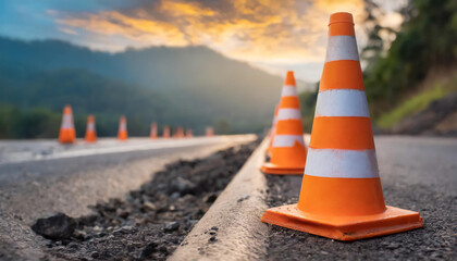 Safety orange cones. Plastic traffic cone. Road maintenance work.