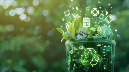 A semi - opaque recycling bin filled with electronic waste, overlaid with glowing eco - tech icons, against a light green background.