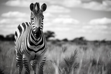 portrait zebra in the savanna, black and white photography - obrazy, fototapety, plakaty