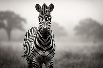 portrait zebra in the savanna, black and white photography