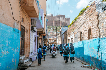 jodphur, india. 15th october, 2023: street view of jodphur blue city, india
