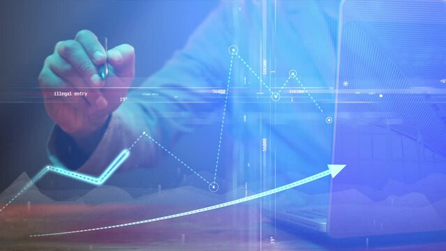 Cg footage against the background of a business man working on a laptop, graphs and charts with digital indicators are moving. Financial analysis and crypto arbitrage