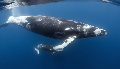 A Mother Whale Swimming Alongside Her Calf - obrazy, fototapety, plakaty