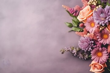 Fototapeta na wymiar bouquet of flowers, roses, wild flowers, on plain purple background, with copy space, wedding invitation, banner, valentine day