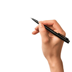 Hand Holding Pen on White Paper, Isolated on Transparent Background