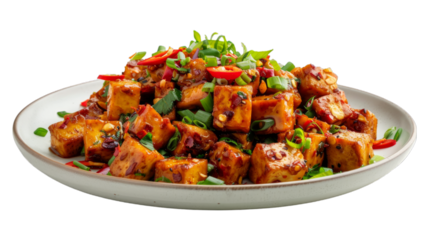 Kung Pao Tofu on a plate isolated on transparent png background. Generative ai 