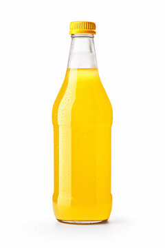 Transparent  Bottle Filled with Yellow Drink, Isolated on White Background