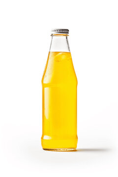 Transparent  Bottle Filled with Yellow Fizzy Drink, Isolated on White Background