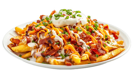 Loaded Fries with cheese bacon and sour cream isolated on transparent png background. Generative ai  - obrazy, fototapety, plakaty