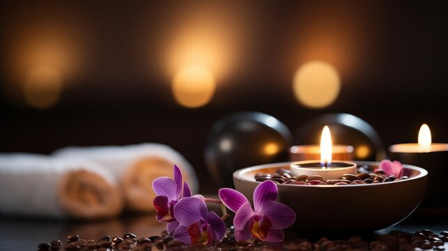 Traditional thai massage parlor spa on blurred defocused background with copy space for text. Banner