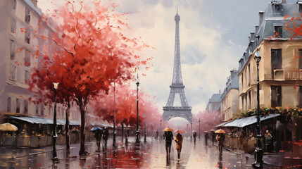 Oil painting on canvas street view of Paris. Artwork.