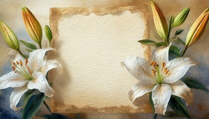 Lilie otaczające starą kartkę papieru. Tło romantyczne, ślubne - obrazy, fototapety, plakaty
