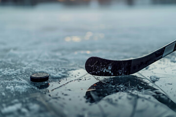 A hockey stick is on the ice with a black and white puck - obrazy, fototapety, plakaty