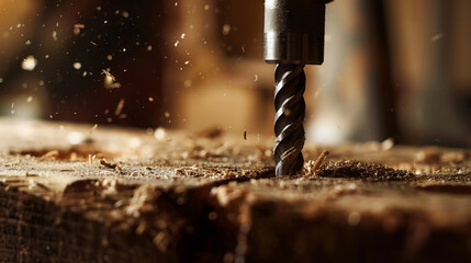 A drill bit is being used to make a hole in a piece of wood - obrazy, fototapety, plakaty