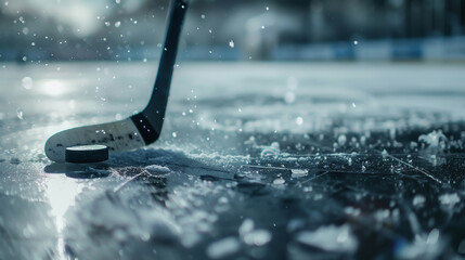 The essence of ice hockey captured through a lens focusing on a hockey stick and puck. - obrazy, fototapety, plakaty
