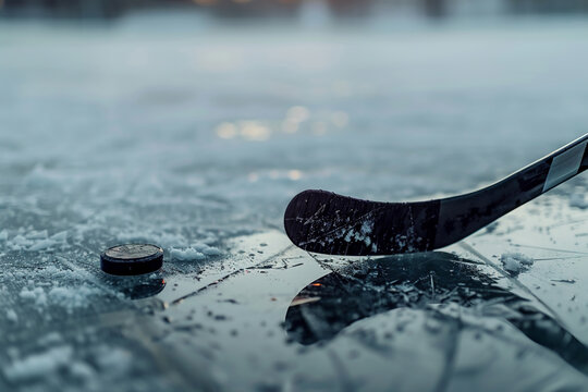 A hockey stick is on the ice with a black and white puck