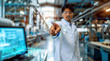 Medical science and biotechnology.Scientist touch on virtual interface with analysis chromosome DNA genetic of human