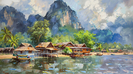 Oil painting on canvas Village and bungalows 