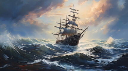 Oil painting seascape ship in the ocean