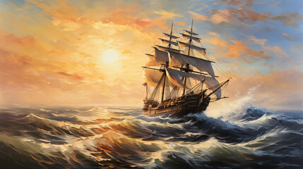 Oil painting seascape ship in the ocean - obrazy, fototapety, plakaty
