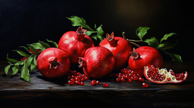 Oil painting red pomegranates. Ripe pomegranates