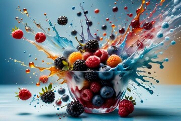 glass with colorful berries, a splash of vitamins.