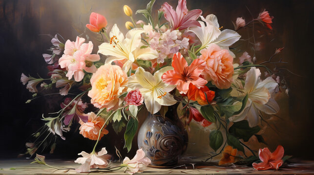 Oil painting still life with flowers  
