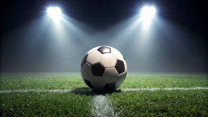 Naklejka premium Soccer ball on green grass field under dark sky