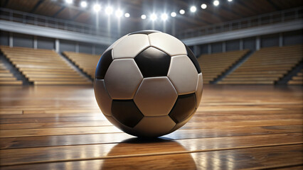 Soccer ball in goal, isolated on hall background