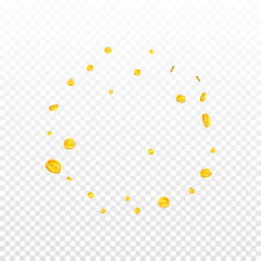 Swiss franc coins falling. Gold scattered CHF
