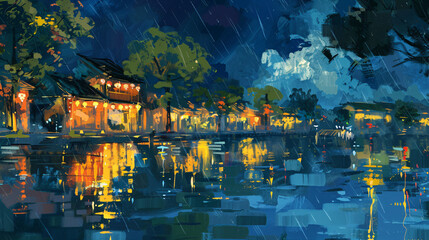 Oil painting style illustration of town landscape in night
