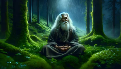 Deurstickers Zen in Nature: Monk's Forest Moonlight Meditation © Maquette Pro