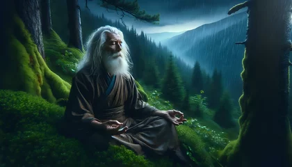 Deurstickers Zen in Nature: Monk's Forest Moonlight Meditation © Maquette Pro