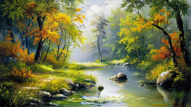 Oil paintings landscape river and trees pond art 