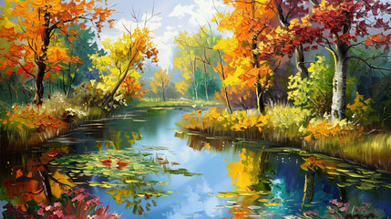 Oil paintings landscape river and trees pond art 